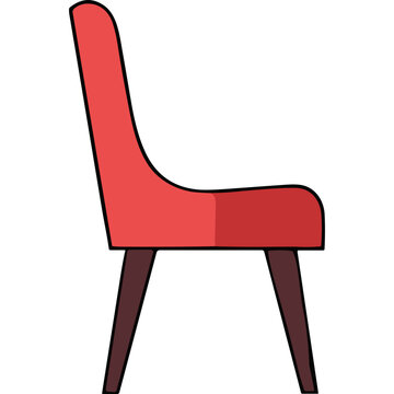 Modern minimalist red chair with dark brown legs on a black background emphasizing clean lines and simple design with flat color blocking technique