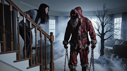 Asian woman on stairs watches a scary Santa Claus monster in a creepy living room with fog and a dead tree. Horror holiday scene.