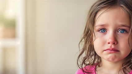 Sad child with blue eyes and wet cheeks, wearing a pink shirt, gazes with a sorrowful expression, conveying deep emotions and vulnerability in a soft, warm environment