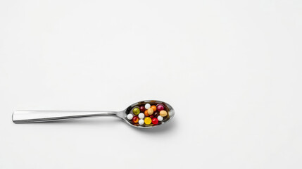 Fototapeta premium Teaspoon filled with colorful pills, vitamins or syrup on white background. Daily dose concept with copy space.