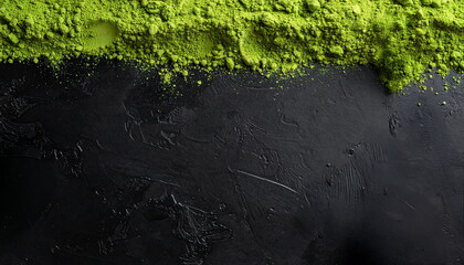 黒い背景に置かれた鮮やかな抹茶のパウダーのフレーム　粉末緑茶、高級和風素材