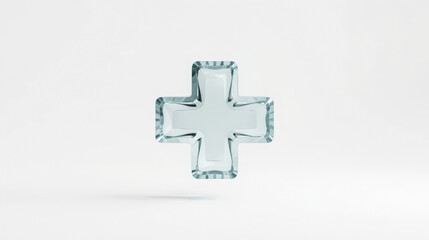 Obraz premium Transparent glass plus sign or medical cross symbol isolated on white background. Minimalist 3D render of positive concept.