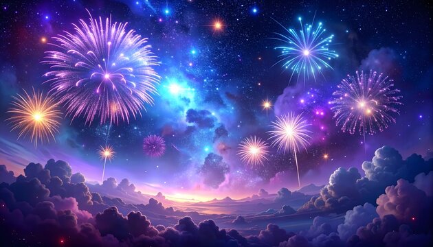 Fireworks bursting with star clusters and cosmic dust, deep space colors like indigo