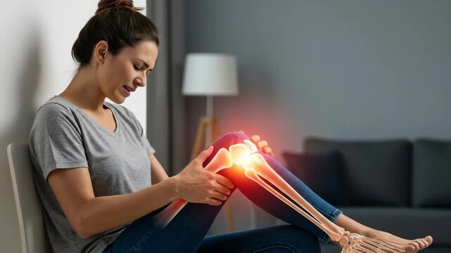 Woman experiencing knee pain with skeletal overlay showing bone inflammation. Medical concept for joint discomfort, arthritis, or injury footage.