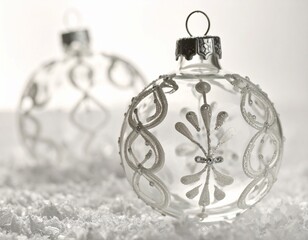 Close-up illustration of Christmas ornaments hanging on a festive tree branch. Shiny baubles, glittering decorations, and warm holiday lights create a cozy and cheerful Christmas atmosphere