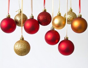 Close-up illustration of Christmas ornaments hanging on a festive tree branch. Shiny baubles, glittering decorations, and warm holiday lights create a cozy and cheerful Christmas atmosphere