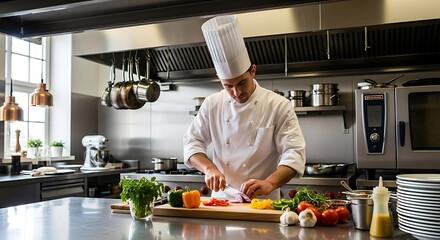 Chef meticulously preparing fresh vegetables in a professional kitchen setting.