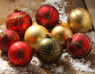 Close-up illustration of Christmas ornaments hanging on a festive tree branch. Shiny baubles, glittering decorations, and warm holiday lights create a cozy and cheerful Christmas atmosphere