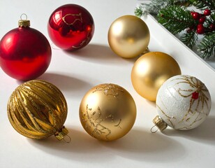 Close-up illustration of Christmas ornaments hanging on a festive tree branch. Shiny baubles, glittering decorations, and warm holiday lights create a cozy and cheerful Christmas atmosphere