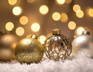 Close-up illustration of Christmas ornaments hanging on a festive tree branch. Shiny baubles, glittering decorations, and warm holiday lights create a cozy and cheerful Christmas atmosphere