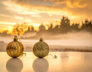 Close-up illustration of Christmas ornaments hanging on a festive tree branch. Shiny baubles, glittering decorations, and warm holiday lights create a cozy and cheerful Christmas atmosphere