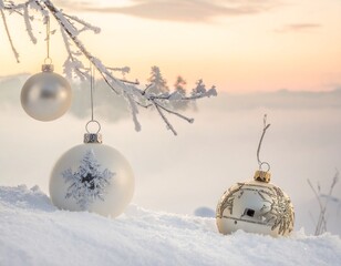 Close-up illustration of Christmas ornaments hanging on a festive tree branch. Shiny baubles, glittering decorations, and warm holiday lights create a cozy and cheerful Christmas atmosphere