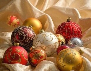 Close-up illustration of Christmas ornaments hanging on a festive tree branch. Shiny baubles, glittering decorations, and warm holiday lights create a cozy and cheerful Christmas atmosphere