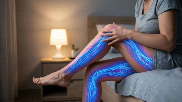 Woman on bed with glowing blue nerves and veins showing pain relief or nerve disorder. Medical condition footage.
