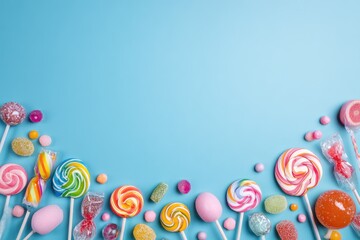 Colorful candies border a light-blue background