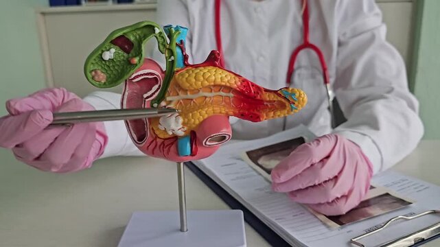 Anatomical model of the pancreas, duodenum, and spleen, and ultrasound. Abdominal ultrasound concept