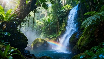 Lush rainforest waterfall with vibrant rainbow, sunbeam, and misty atmosphere