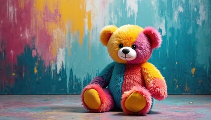 Fluffy multi-colored teddy bear sits on a painted floor. Vibrant patchwork fur with yellow, pink, blue, and purple sections. Colorful abstract art background.