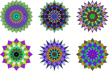 Collection of six colorful geometric floral patterned designsisolated on transparent background