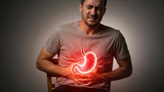Caucasian man experiencing stomach pain. Digestive problems and acid reflux concept. Person suffering from abdominal discomfort, footage.