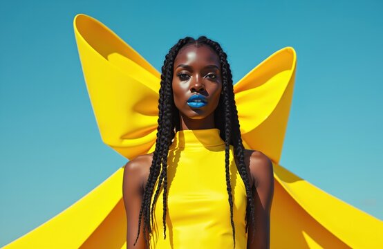 Black female model with bright blue lips wears yellow futuristic outfit. She stands against a clear blue sky with a large yellow bow shape behind her. The illustration style is modern and bold. - Powered by Adobe