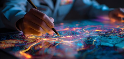 Close up of a person s hands creating intricate glowing lines on a dark surface with a stylus