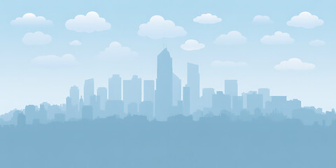 Blue monochromatic city skyline silhouette with towering buildings and soft clouds in a hazy sky