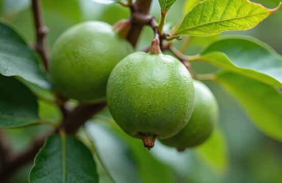 Green unripe guava growing on tree branch with leaves in garden. Close up of fresh tropical psidium guajava in orchard. Healthy food from organic farming, agriculture. Natural botanical background