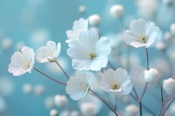 Fototapeta premium Delicate white flowers captured with a soft bokeh effect against a light blue background in a serene natural setting