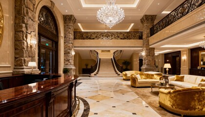 Luxurious hotel lobby interior featuring grand staircase, opulent seating, and elegant chandelier, exuding sophistication and comfort.