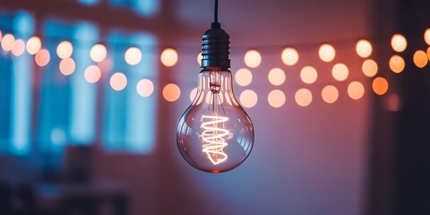 Illuminated vintage edison bulb hangs amongst blurred string lights