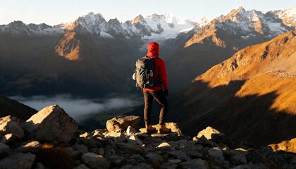 Lone hiker in vibrant red jacket gazes at majestic snow-capped mountain range at sunrise, golden hour light