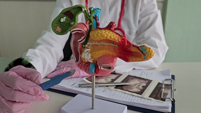 Pancreatitis, pancreatic cancer, scalpel in a doctor's office. Surgery involving the pancreas, gallbladder, and bile ducts, human anatomy model in a hospital