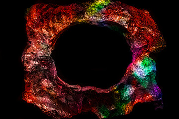 Metallic texture, rough texture, eye of the world, colorful, as if it were a cave, black hole, or chimney interior, festive atmosphere, festive supplies, leading to unknown territories, imaginative pr