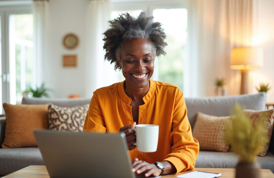 Smiling African American woman works on laptop holding coffee cup. Mature lady enjoys remote work from comfortable home office. She looks happy and confident. - Powered by Adobe