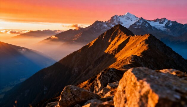 Majestic mountain range at sunset, golden hour light illuminating peaks and valleys with dramatic sky hues - Powered by Adobe