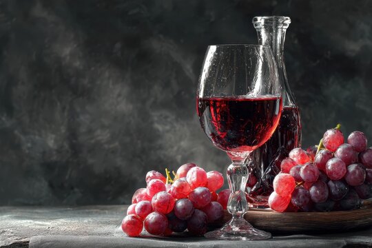 Elegant red wine displayed in a clear glass alongside fresh grapes and a glass bottle on a rustic wooden surface with a moody background - Powered by Adobe