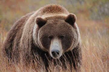 Fototapeta premium Brown bear foraging in the wild landscapes of Alaska during the fall season, showcasing its majestic presence among the golden grass