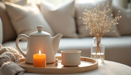 Still life photo of tea set with burning candle. Ceramic teapot and cup on wooden tray near dried flowers. Concept of home comfort modern style. Cozy home atmosphere.