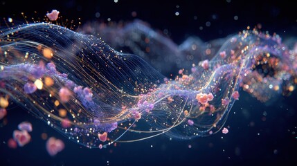 Abstract Swirling Digital Art with Glowing Particles and Orbs on Dark Background