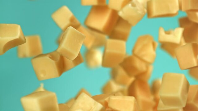 Pieces of maasdam cheese fly upwards on a blue background. Filmed on a high-speed camera at 1000 fps. High quality FullHD footage