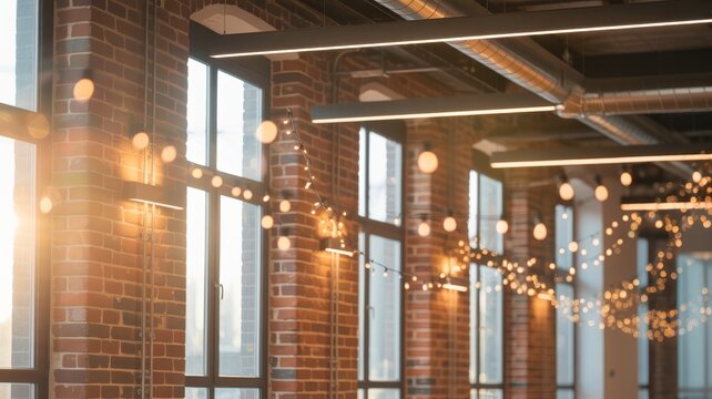 A modern brick wall interior with large windows letting in sunlight and string lights creating a warm and inviting atmosphere in the room
