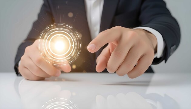 A smiling executive is visually touching a glowing target on a digital interface, symbolizing a clear and decisive path to business success