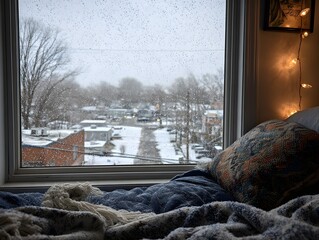 Obraz premium Cozy bedroom interior with warm lights overlooking snowy winter neighborhood through window