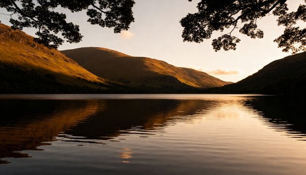 Serene golden hour sunset illuminates tranquil lake and majestic mountain landscape, framed by dark foliage - Powered by Adobe