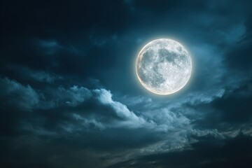 Majestic full moon shines brightly in a dark blue sky, surrounded by wispy clouds at night, creating a serene and enchanting atmosphere