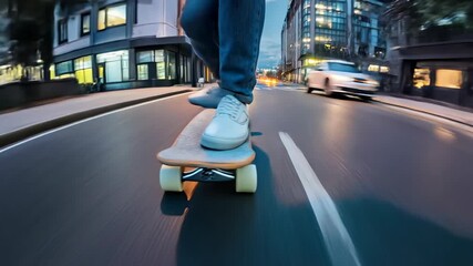 Downtown longboard speed run at dusk, neon reflections and light streaks conveying fast urban commuting, street sport style, and adrenaline lifestyle.