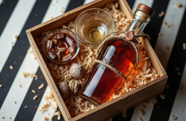 Bottle of whiskey or brandy in wooden gift box with glass filled with chocolate. Wood shavings surround bottle and glasses. Twine wrapped around bottle neck. Black and white striped background.