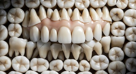 A collection of artificial teeth arranged in a grid pattern.