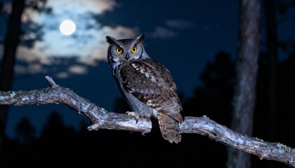 Majestic great horned owl perched on branch under full moon night sky